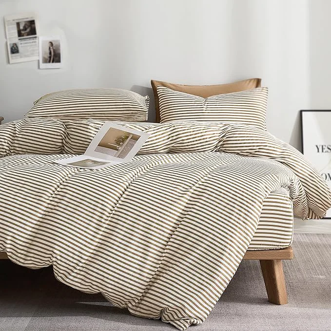 Sophisticated JELLYMONI Natural Cotton 3pcs Striped Duvet Cover Sets White with Khaki Stripes Pattern Printed Comforter Cover with Zipper Closure amp Corner Ties King Size Eco-Friendly
