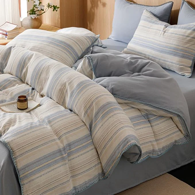 Top-Quality VM VOUGEMARKET Pinstripes Duvet Cover Set Queen 3 Pieces Muslin Cotton Bedding Set with Zipper Closure Blue White Stripes Duvet Cover Queen Size No Comforter Detailed