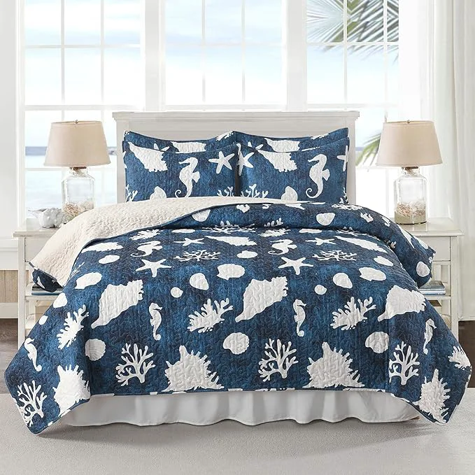 High-Performance HORIMOTE HOME Coastal Quilt Bedding Set Queen Size Reversible Navy Summer Beach Quilt Lightweight Ocean Nautical Comforter Tropical Bedspread Coverlet with 2 Pillow Shams for All Seasons 90 quot x96 quot World-Class
