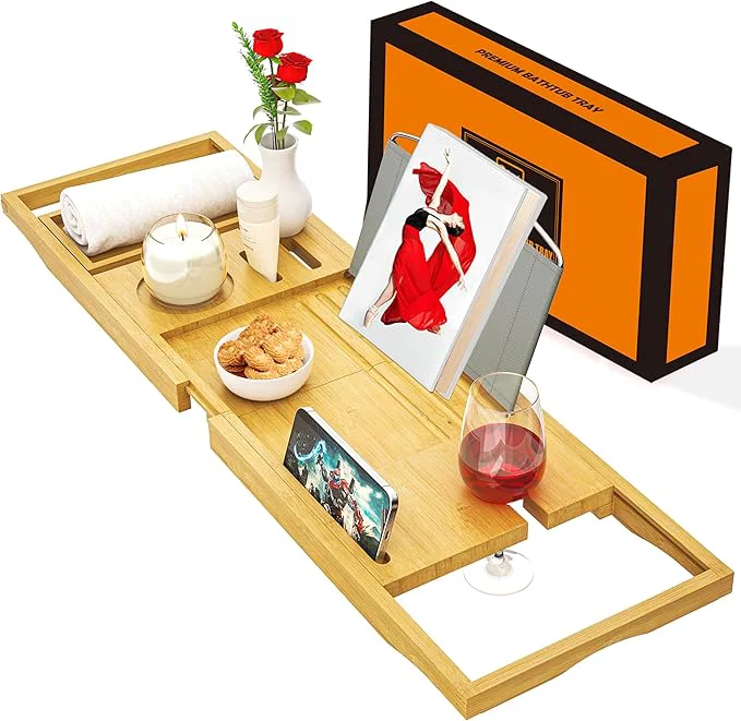 Environmentally Friendly Banlilu Premium Natural Bamboo Expandable Bathtub Tray Caddy Luxury Spa-Like Eco-Friendly
