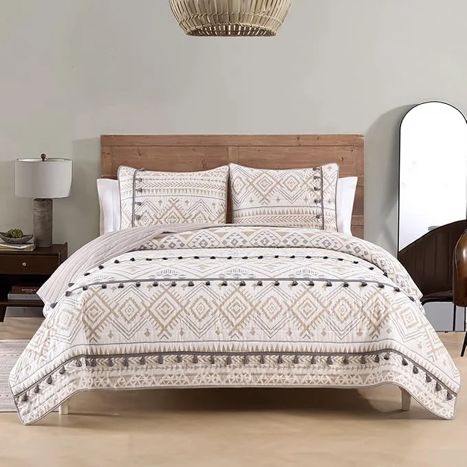 Selected HORIMOTE HOME Boho Style Beige Twin Quilt Set with Tassle Soft and Lightweight Bedspread for All Season Twin Size Bed Coverlet with 1 Matching Pillow Sham 2 Pieces Breathable