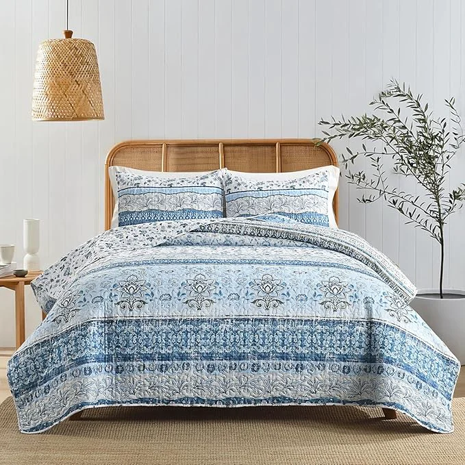 Sustainable HORIMOTE HOME Boho Quilt Twin Size Blue Bohemian Floral Quilt Bedding Set Soft Lightweight Twin Comforter for All Season Farmhouse Bedspread Coverlet with 1 Pillow Sham 68 x 86 inches Premium