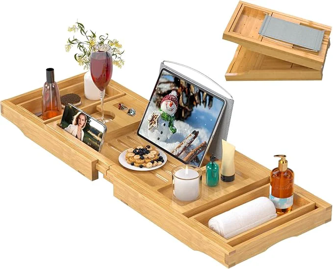 Next-Generation Bathtub Caddy Tray for Tub Foldable Bath Table Trays Bamboo Shelf Practical