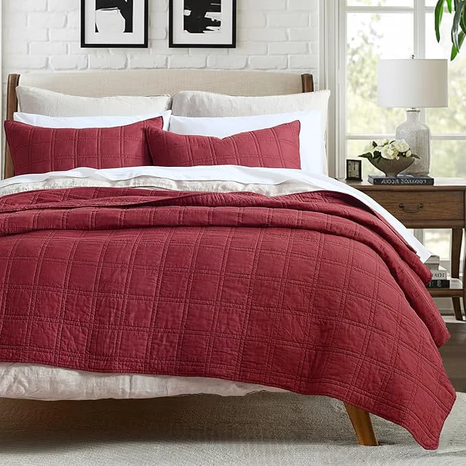 Long-Lasting HORIMOTE HOME Cotton Quilt Set King Size Burgundy Red Pre-Washed Bedspreads Coverlet Set in Geometric Pattern Cozy Lightweight Stitching Decorative Bedding Cover with 2 Shams for All Season Clean
