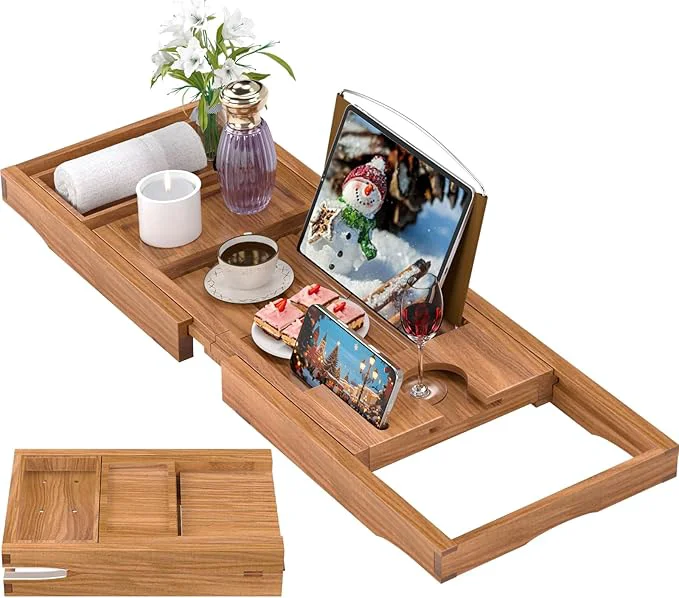 Relaxed Teak Bathtub Caddy Tray for Tub Foldable Luxury Bath Table Tray Fine Crafted
