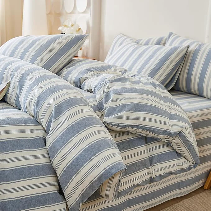 Consistent Blue Striped Duvet Cover King Washed Cotton Boho King Comforter Cover Soft Vertical Stripe Pattern Duvet Cover Set with 2 Pillow Cases Farmhouse Zipper Bedding Set Pinstripe Duvet Protector Verified