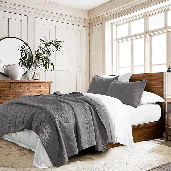 Trendy HORIMOTE HOME Cotton Quilt Set Queen Size Dark Grey Pre-Washed 3-Piece Bedspread Coverlet Set Cozy Lightweight Stitching Bedding Cover with 2 Shams in Geometric Pattern for All Season Fast