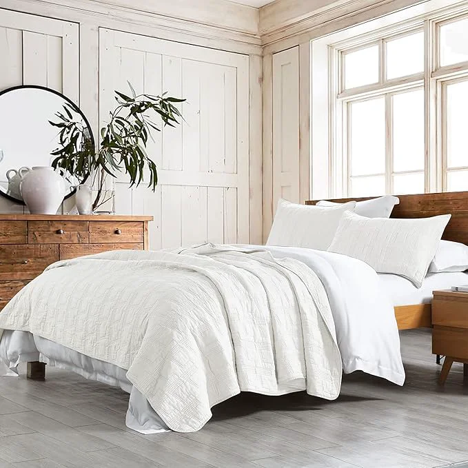 Relaxed HORIMOTE HOME Cotton Quilt Set Twin Size White Pre-Washed 2-Piece Bedspread Coverlet Set Cozy Lightweight Stitching Decorative Bedding Cover with 1 Shams in Geometric Pattern for All Season Flexible
