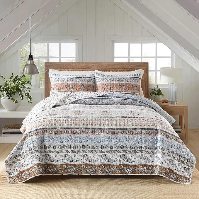 Easy-to-Use Boho Style Queen Quilt Set Mocha Brown Bohemian Floral Strip Quilt Beddding Set Soft and Lightweight Bedspread for All Season Full Size Bed Coverlet with 2 Matching Pillow Shams 3 Pieces Smart