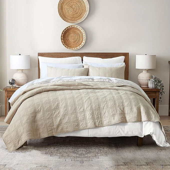 Smooth HORIMOTE HOME Cotton Quilt King Size Beige Bedspread Pre-Washed 3-Piece Cozy Lightweight Stitching Decorative Bedding Cover Coverlet Set with 2 Shams in Geometric Pattern for All Season Convenient