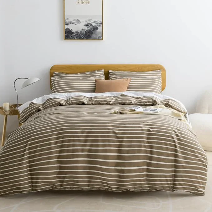 Enhanced JELLYMONI Twin Duvet Cover Set Cotton Duvet Cover 2 Pieces with Zipper Closure 1 Duvet Cover and 1 Pillowcase Khaki with White Striped Classic