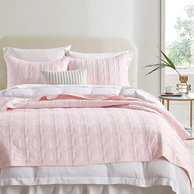 Elite HORIMOTE HOME Cotton Quilt Set King Size Light Pink Pre-Washed Bedspread Coverlet Set Cozy Lightweight Stitching Decorative Bedding Cover with 2 Shams in Geometric Pattern for All Season Top-Quality