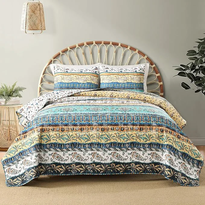Crafted HORIMOTE HOME Boho Style Queen Quilt Set Yellow Bohemian Floral Strip Quilt Beddding Set Soft and Lightweight Bedspread for All Season Full Size Bed Coverlet with 2 Matching Pillow Shams 3 Pieces Green