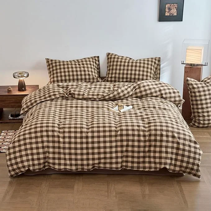 Reliable Checkered Duvet Twin Covers Tan Brown Washed Cotton Comforter Cover Twin Size Boho Gingham Cute Rustic Duvet Cover Set with Hidden Zipper Vintage Buffalo Plaid Bedding Set Soft Duvet Protector Recyclable