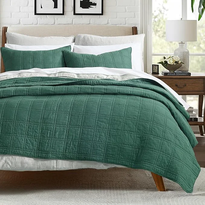 Specialty HORIMOTE HOME Cotton Quilt Set Queen Size Dark Green Pre-Washed Bedspreads Coverlet Set in Geometric Pattern Cozy Lightweight Stitching Decorative Bedding Cover with 2 Shams for All Season Smooth
