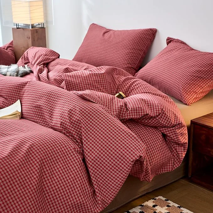 Artisan Gingham Full Size Duvet Cover Red Washed Cotton Comforter Cover Full Size Plaid Checkered Boho Zipper Duvet Cover Set with 2 Pillow Cases Farmhouse Girls Bedding Set Pattern Duvet Protector Convenient