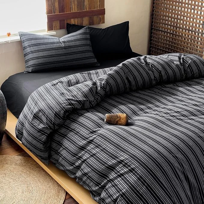 Elegant Striped Full Duvet Cover Black Washed Cotton Comforter Cover Full Size Grey Vertical Stripe Farmhouse Zipper Duvet Cover Set with Ties Soft Boho Bedding Set Minimalist Duvet Protector Functional
