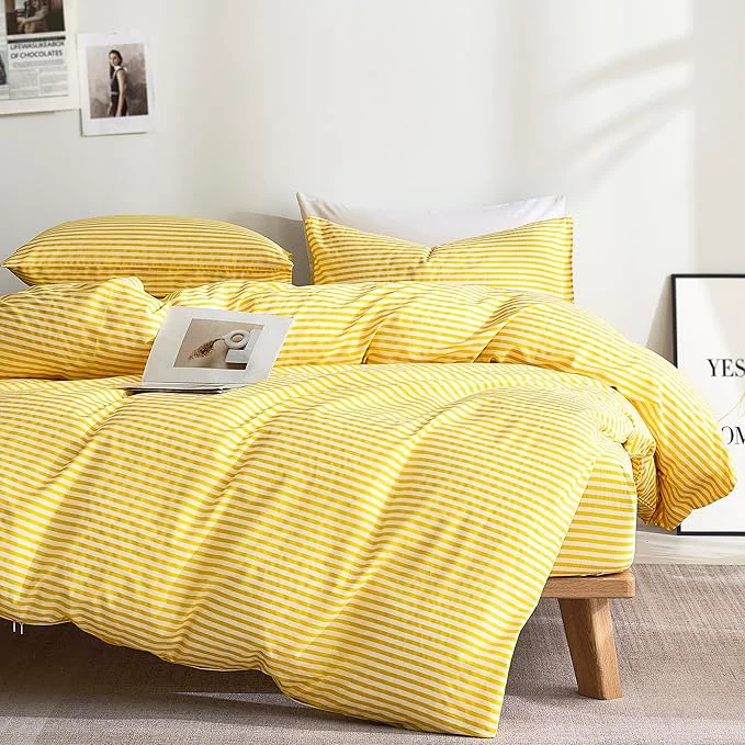 Certified JELLYMONI Natural Cotton 3pcs Striped Duvet Cover Sets Yellow with White Stripes Pattern Printed Comforter Cover with Zipper Closure amp Corner Ties King Size Artisan
