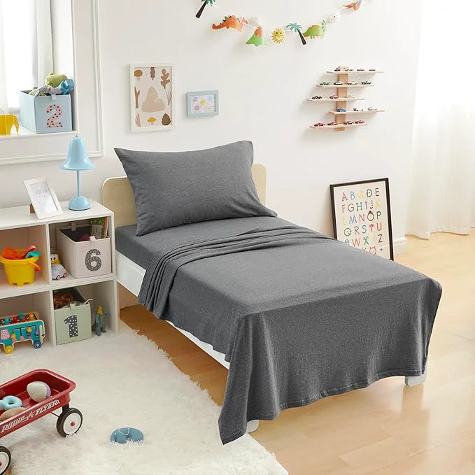 Premium Material Amazon Basics 3 Piece Bed Sheet Set Cotton Jersey Includes Super Soft Flat and Fitted Sheets Pillowcase Toddler Dark Gray Solid Traditional