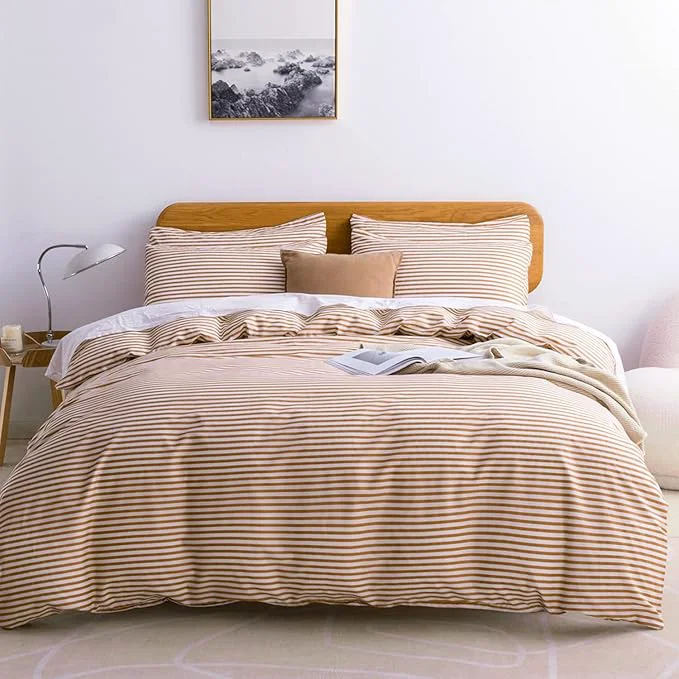 Durable JELLYMONI Full Duvet Cover Set Cotton Duvet Cover 3 Pieces with Zipper Closure 1 Duvet Cover and 2 Pillowcases White with Rust Striped Specialty