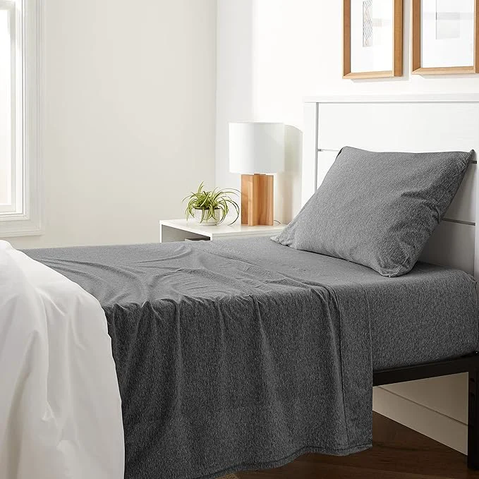 Exclusive Amazon Basics Breathable Stretchy 3 Piece Bed Sheet Set Cotton Jersey Knit Includes Flat and Fitted Sheets Pillowcase Machine Washable Twin Dark Gray Solid Crafted