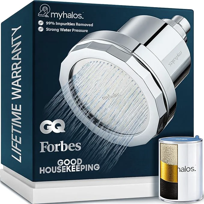 Fine Crafted MyHalos® Filtered Shower Head for Hard Water Filter Reusable