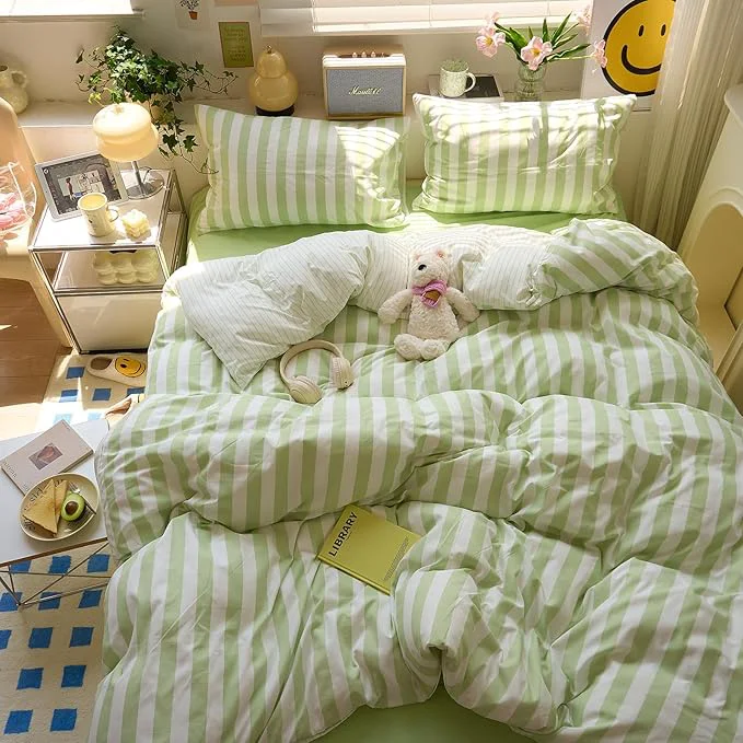Convenient Green Striped Duvet Cover Twin XL Boho Cute Comforter Cover Twin XL Farmhouse Coquette Vintage Soft Duvet Cover Set with 2 Pillowcases College Bedding for Boys Washed Microfiber Duvet Protector Professional