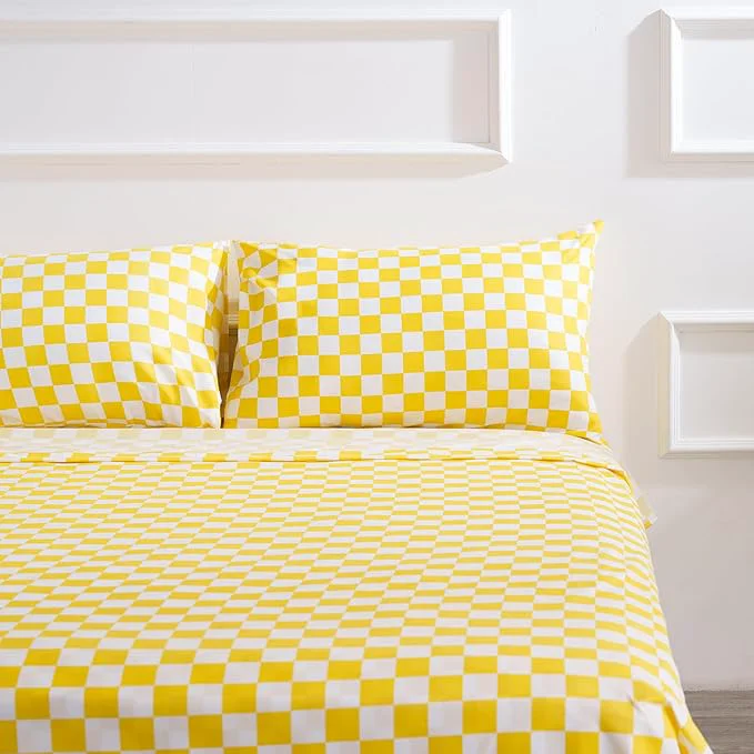 Traditional Season Bed Sheet Set 4 Piece -Full Size-Soft Durable Microfiber Bedding Sheet Set Deep Pocket Stain Fade amp Wrinkle Resistant Green and White Checkerboard Grid Plaid Yellow amp White Original