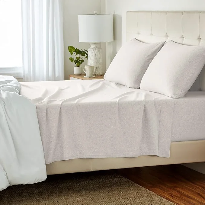 Verified Amazon Basics 4-Piece Soft Breathable Cotton Jersey Knit Bed Sheet Set with Deep Pockets Includes Flat and Fitted Sheets Pillowcase Queen Oatmeal Solid Dependable