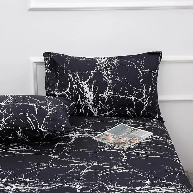 Versatile Season Bed Sheet Set 4 Pieces -Queen Size-Soft Durable Microfiber Bedding Sheet Set Deep Pocket Stain Fade amp Wrinkle Resistant Black Marble Premium