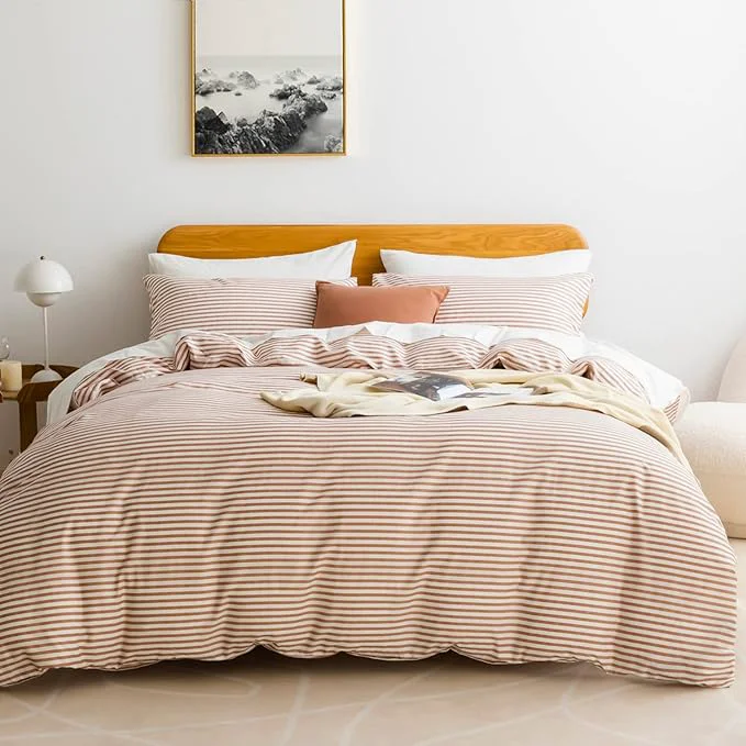 Safe JELLYMONI Natural Cotton 2pcs Striped Duvet Cover Sets White Duvet Cover with Pink Stripes Pattern Printed Comforter Cover with Zipper Closure amp Corner Ties Twin Size Lightweight