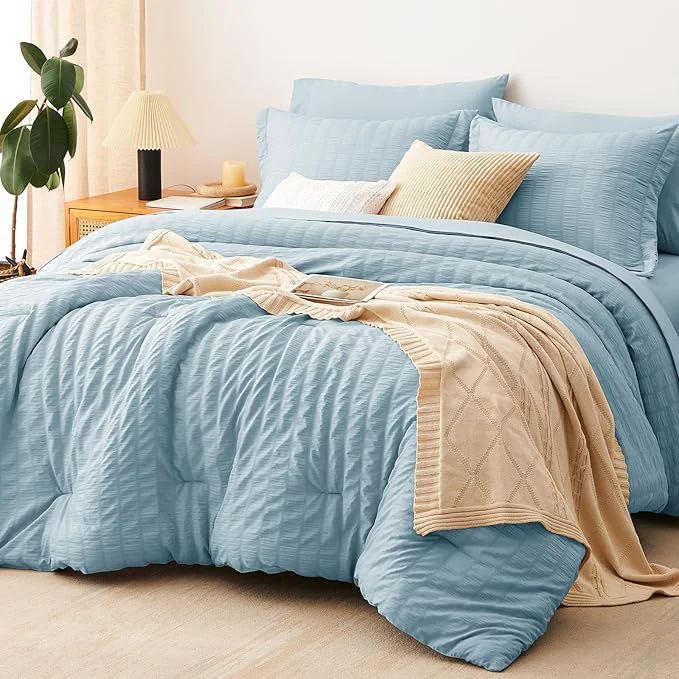 Flexible CozyLux Queen Comforter Set Light Blue Seersucker 7 Pieces Bed in a Bag Queen Comforter Set with Sheets Luxury Soft Bedding Set with Down Comforter Sheets Pillowcases amp Shams All Season Prestigious