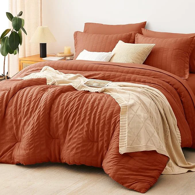 Durable CozyLux Queen Comforter Set Burnt Orange Seersucker 7 Pieces Bed in a Bag Queen Comforter Set with Sheets Terracotta Luxury Bedding Sets with Down Comforter Sheets Pillowcases amp Shams Trendy