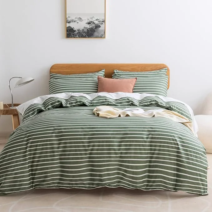 Specialty JELLYMONI King Duvet Cover Set Cotton Duvet Cover 3 Pieces with Zipper Closure 1 Duvet Cover and 1 Pillowcases Green with White Striped Advanced