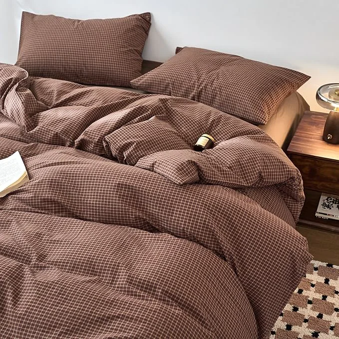Effective Gingham Full Size Bed Duvet Cover Brown Washed Cotton Comforter Cover Full Plaid Checkered Boho Zipper Duvet Cover Set with Corner Ties Farmhouse Dorm Bedding Set Caramel Duvet Protector Quality