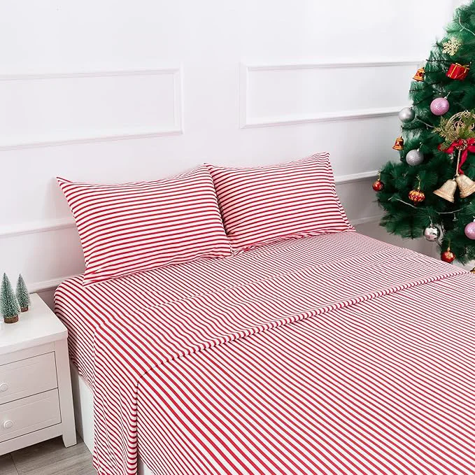 Reliable Season Ticking Stripe Sheet Set 4 Piece Full Size Microfiber Bedding Burgundy Red and White Pinstripe Patterned Deep Pocket Carefully Designed