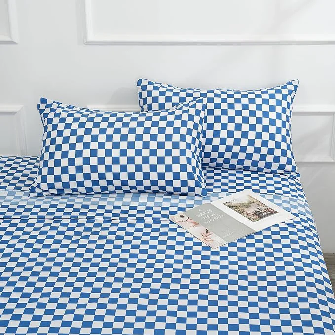 Consistent Season Queen Size Sheet Set 4 Piece -Microfiber Soft Durable Bedding Sheet Set Deep Pocket Stain Fade amp Wrinkle Resistant Plaid Blue amp White Dependable