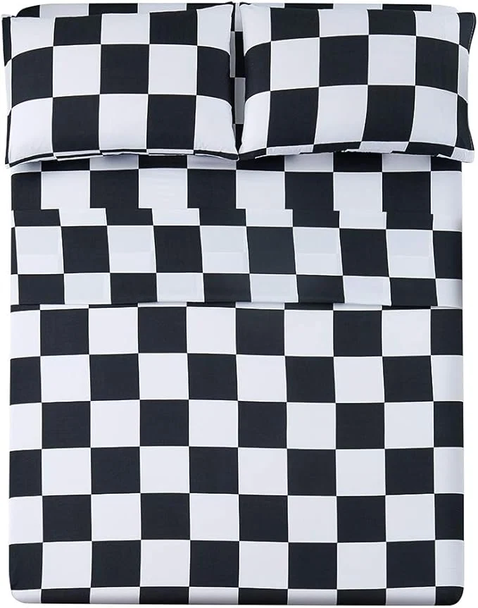 Premium Season Bed Sheet Set 4 Piece -Full Size-Soft Durable Microfiber Bedding Sheet Set Deep Pocket Stain Fade amp Wrinkle Resistant Plaid Black amp White Safe