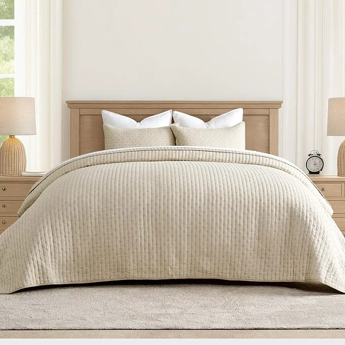 Enhanced EVERGRACEHOME Cross Stitch Pre-Washed Cotton Quilt Bedding Set King Size Oversized 3 Pieces Lightweight Bedspread Coverlet for All Season with 2 Matching Shams Flax Beige 118 quot x106 quot Comfortable