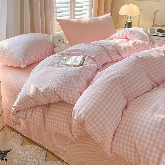 Premium Material Pink Gingham Duvet Cover Twin XL Washed Cotton Plaid Comforter Cover Twin XL Boho Cute Farmhouse Soft Duvet Cover Set with 2 Pillow Cases Cottage Core Zipper Bedding for Girls Duvet Protector Natural