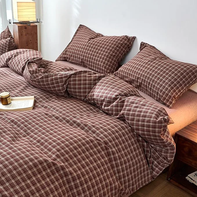 Soft Plaid King Duvet Cover Set Red Brown Washed Cotton Comforter Cover King Size Vintage Pattern Farmhouse Zipper Duvet Cover Set with 2 Pillow Cases Boho Cute Bedding Set Checkered Duvet Protector Fine Crafted