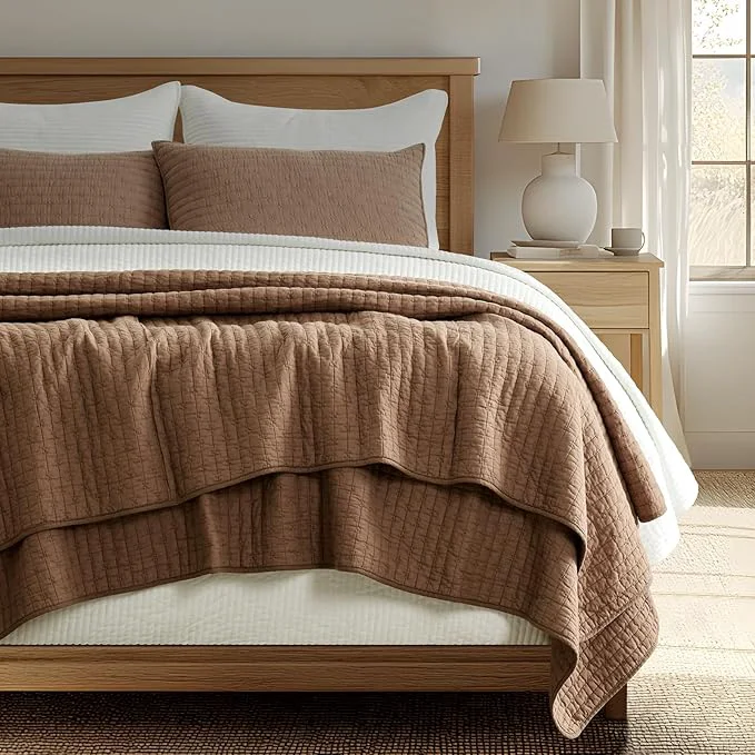 Elegant EVERGRACE Cross Stitch Pre-Washed Cotton Quilt Bedding Set Queen Size Oversized 3 Pieces Lightweight Bedspread Coverlet for All Season with 2 Matching Shams Camel Brown 92 quot x96 quot Reliable