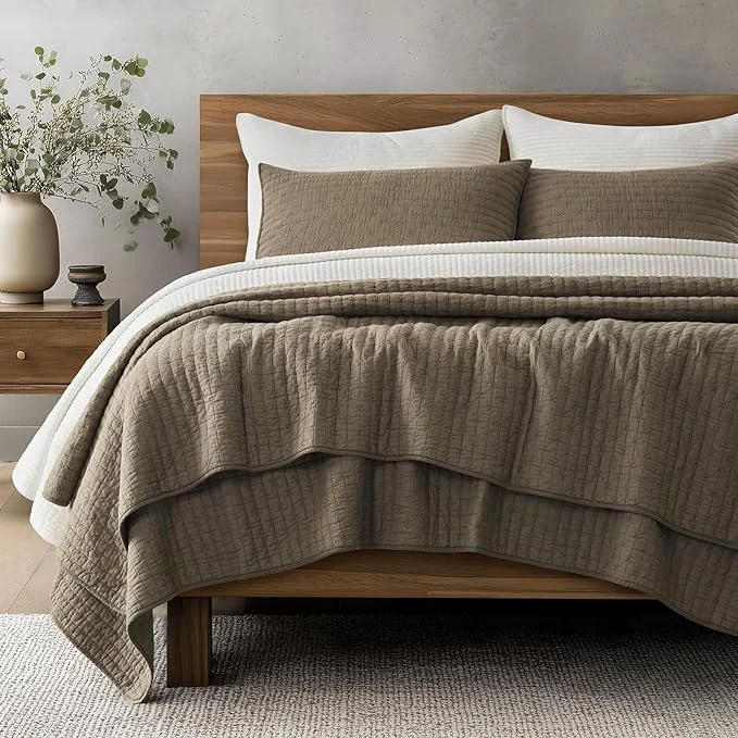 Next-Generation EVERGRACE Cross Stitch Pre-Washed Cotton Quilt Bedding Set Queen Size Oversized 3 Pieces Lightweight Bedspread Coverlet for All Season with 2 Matching Shams Mocha Brown 92 quot x96 quot Classic