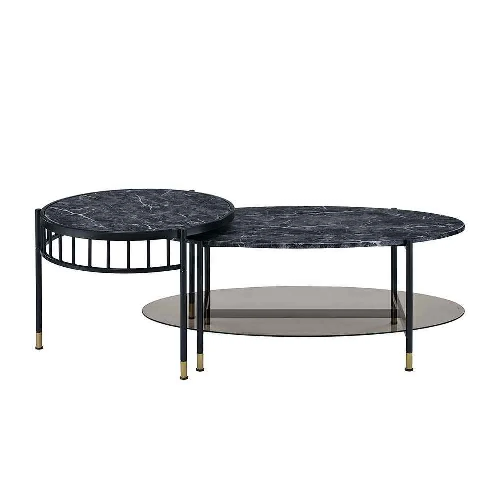 Crafted Silas – Nesting Coffee Table Set – Faux Marble Top amp Black High-Quality