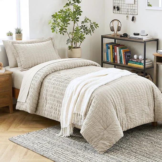 Unique CozyLux Twin XL Comforter Set with Sheets Seersucker Beige 5 Pieces Bed in a Bag Twin Extra Long Luxury Soft Bedding Sets for College Dorm with Down Comforter Sheets Pillowcase amp Sham Secure