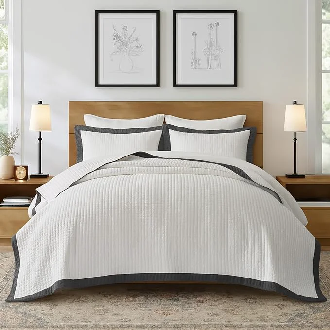 Organic EVERGRACE Cotton Border Frame Tack-Stitch Quilt Bedding Set Queen Size Coastal Oversized 3 Pieces Lightweight Bedspread Coverlet for All Season with 2 Matching Shams Washed Black Responsible
