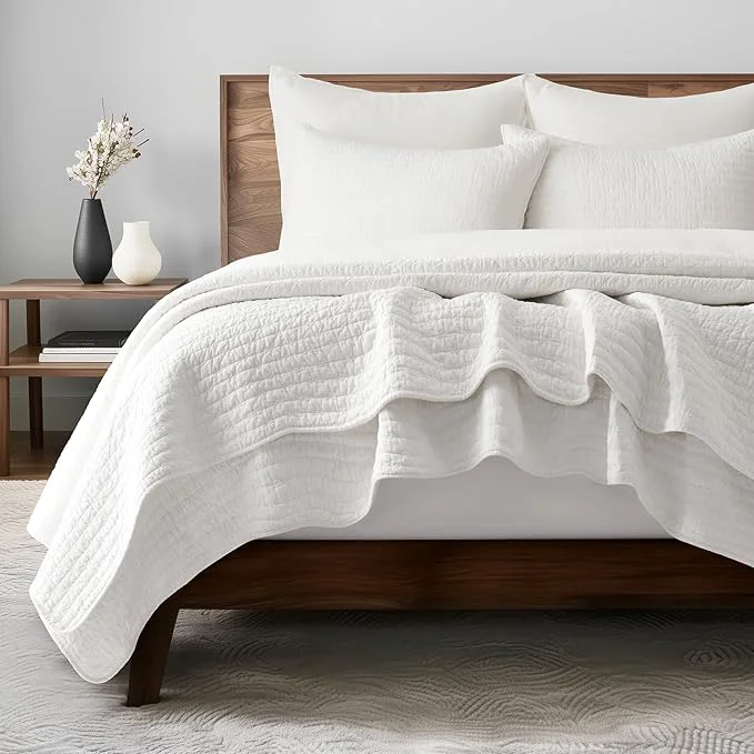 Traditional EVERGRACEHOME Cross Stitch Pre-Washed Cotton Quilt Bedding Set King Size Oversized 3 Pieces Lightweight Bedspread Coverlet for All Season with 2 Matching Shams Bright White 108 quot x96 quot Fashionable
