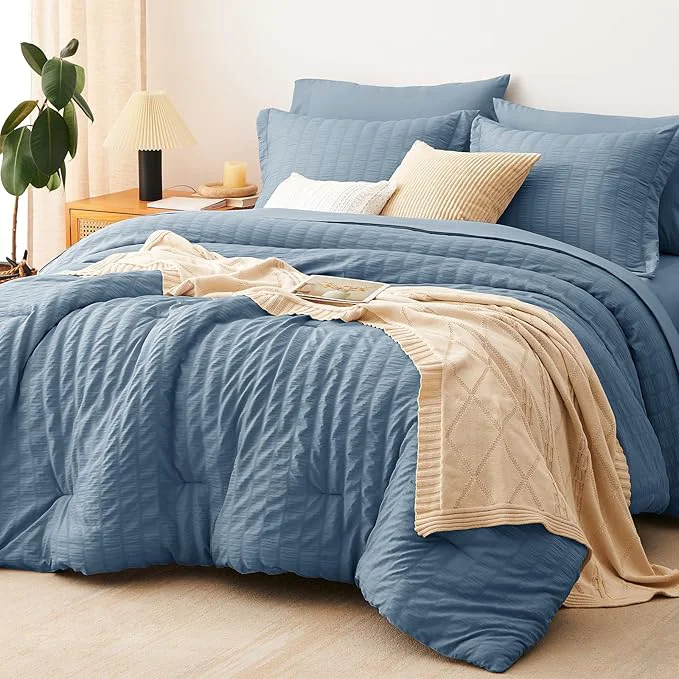 Outstanding CozyLux King Size Comforter Set Grayish Blue Seersucker 7 Pieces Bed in a Bag King Comforter Set with Sheets Dusty Blue Luxury Bedding Set with Down Comforter Sheets Pillowcases amp Shams Fine