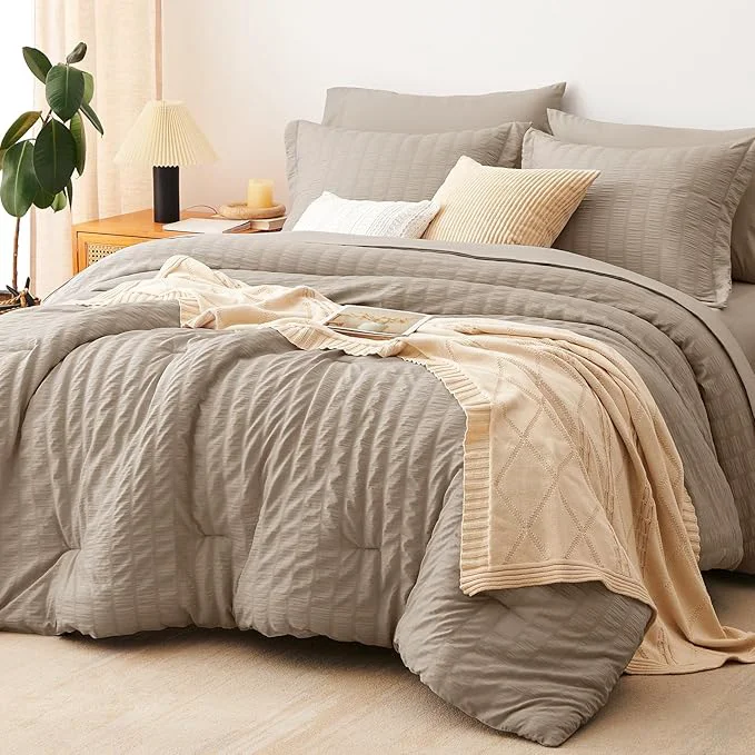 Prestigious CozyLux Queen Comforter Set Khaki Seersucker 7 Pieces Bed in a Bag Queen Comforter Set with Sheets Luxury Soft Bedding Sets with Down Comforter Sheets Pillowcases amp Shams for All Season Organic