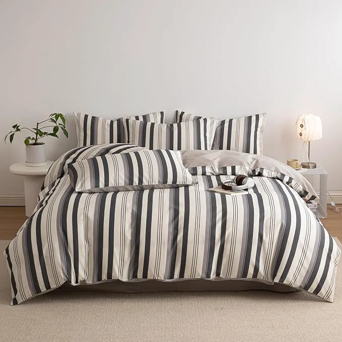 Green Striped Duvet Cover Twin Off White Charcoal Gray Comforter Cover Twin Cotton Boho Patterned Soft Duvet Cover Set with Hidden Zipper Vertical Stripe Bedding Set Neutral Farmhouse Duvet Protector Innovative